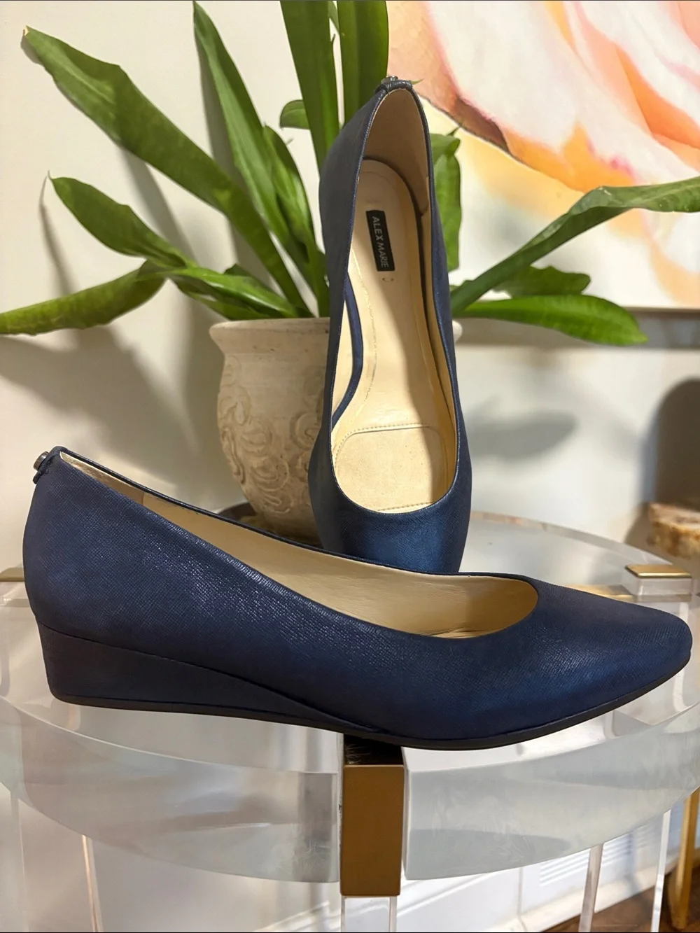 Alex Marie Navy Blue Low Wedge Moriah Leather Pumps